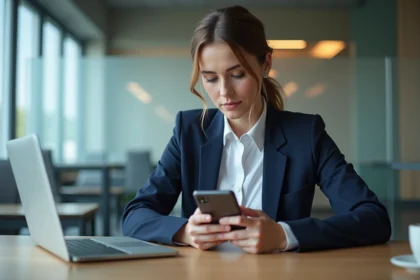 Femme professionnelle configurant l'accès extranet ESG sur son smartphone dans un bureau moderne