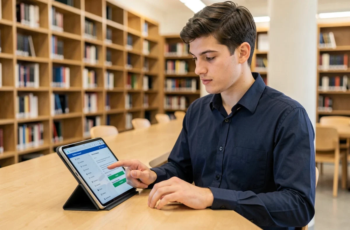 Étudiant masculin consultant les étapes d'inscription sur la plateforme numérique ESME via une tablette dans une bibliothèque universitaire contemporaine
