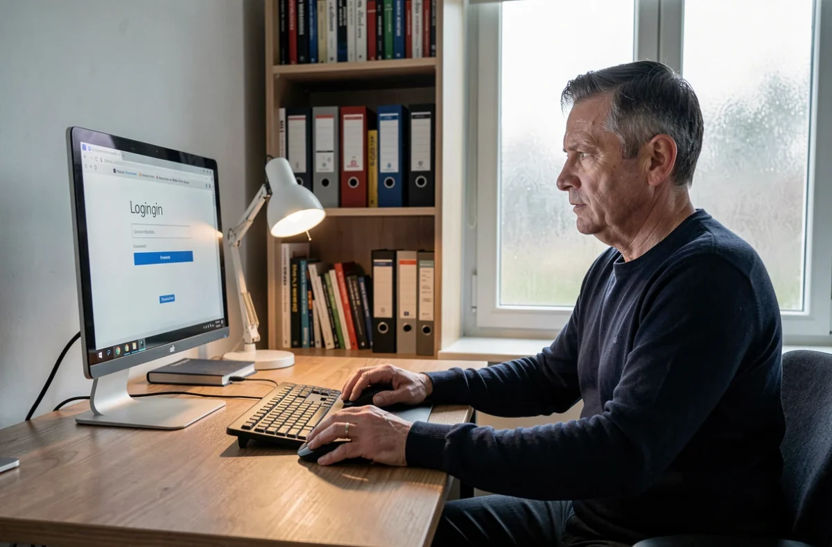 Homme utilisant un ordinateur de bureau pour se connecter pour la première fois à PSB Extranet depuis son domicile