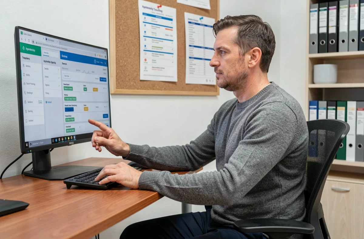 Coordinateur de formation consultant le suivi de stage des apprentis sur un tableau de bord numérique dans un bureau de CFA