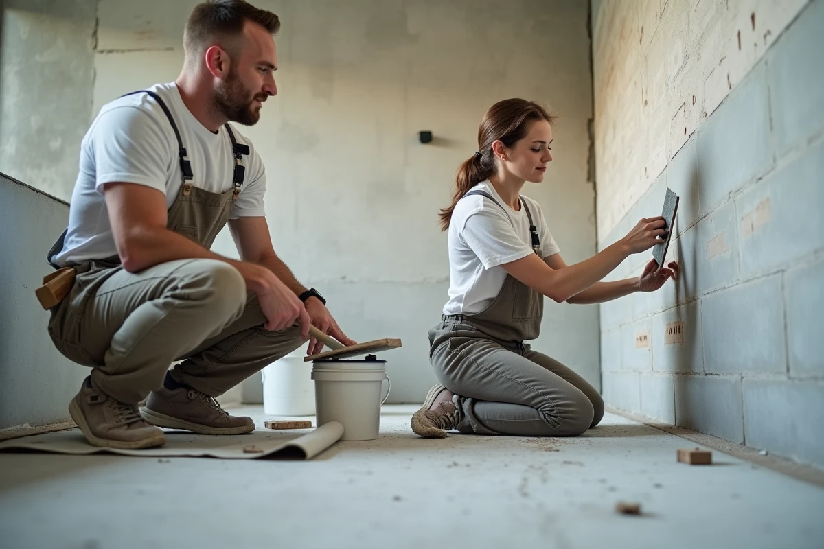 Couple posant des carreaux de céramique dans une salle de bain en rénovation avec outils de carrelage professionnels