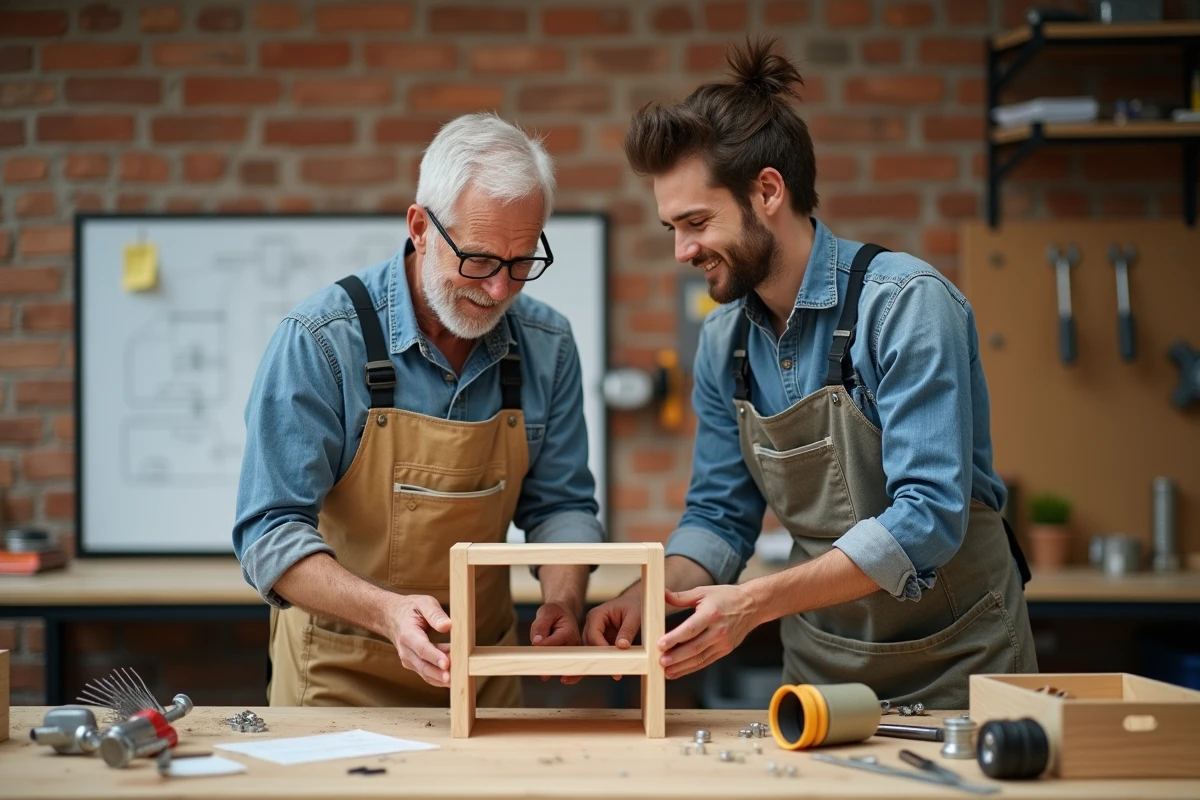 Deux adultes collaborant sur un projet de bricolage dans un espace maker, cours collectif pratique de menuiserie DIY