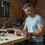 Homme adulte consultant un cours de bricolage en ligne sur une tablette dans un atelier équipé d'outils de bricolage