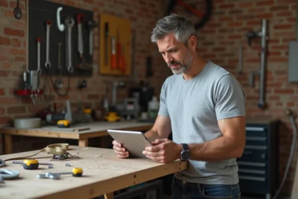 Homme adulte consultant un cours de bricolage en ligne sur une tablette dans un atelier équipé d'outils de bricolage