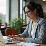 Jeune femme suivant un cours digital en ligne dans un espace de coworking parisien moderne