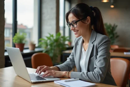 Jeune femme suivant un cours digital en ligne dans un espace de coworking parisien moderne
