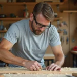 Homme adulte mesurant une planche en bois dans un atelier de bricolage maison, illustrant un cours pratique de bricolage