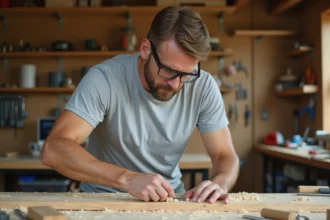 Homme adulte mesurant une planche en bois dans un atelier de bricolage maison, illustrant un cours pratique de bricolage