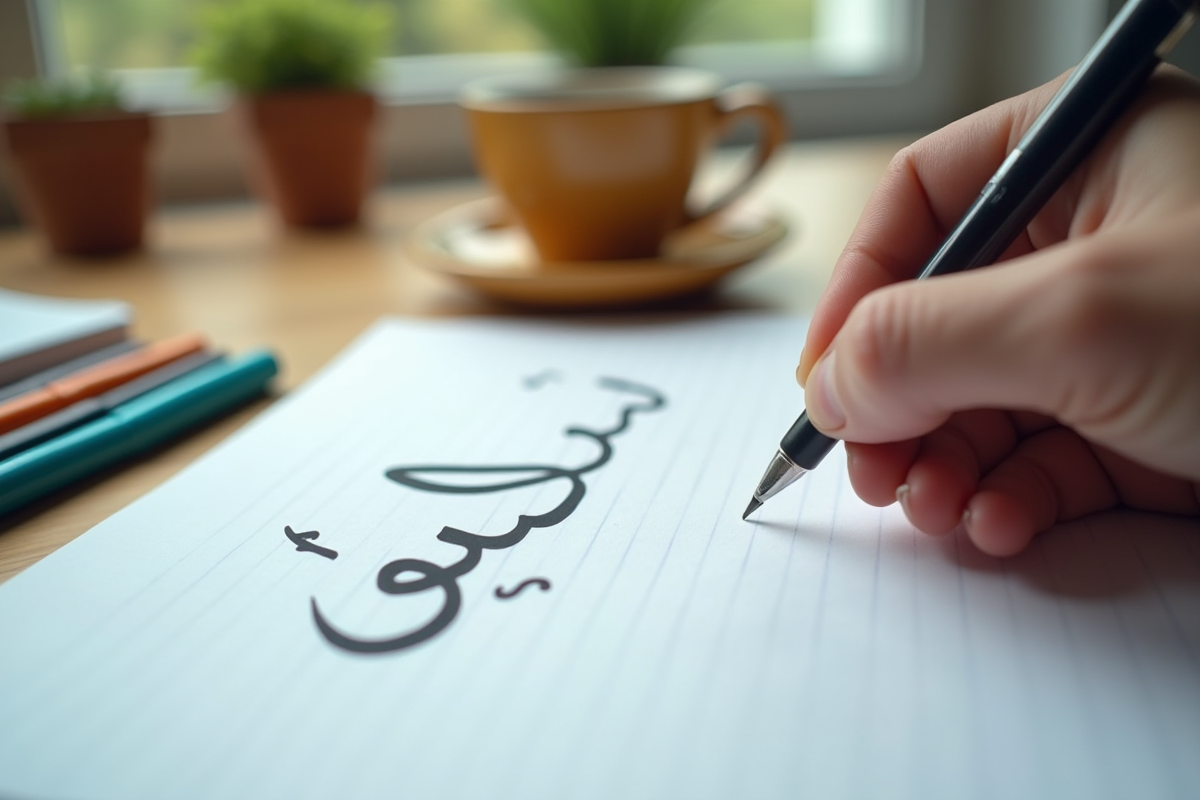 Mains écrivant des lettres arabes avec stylos colorés et café