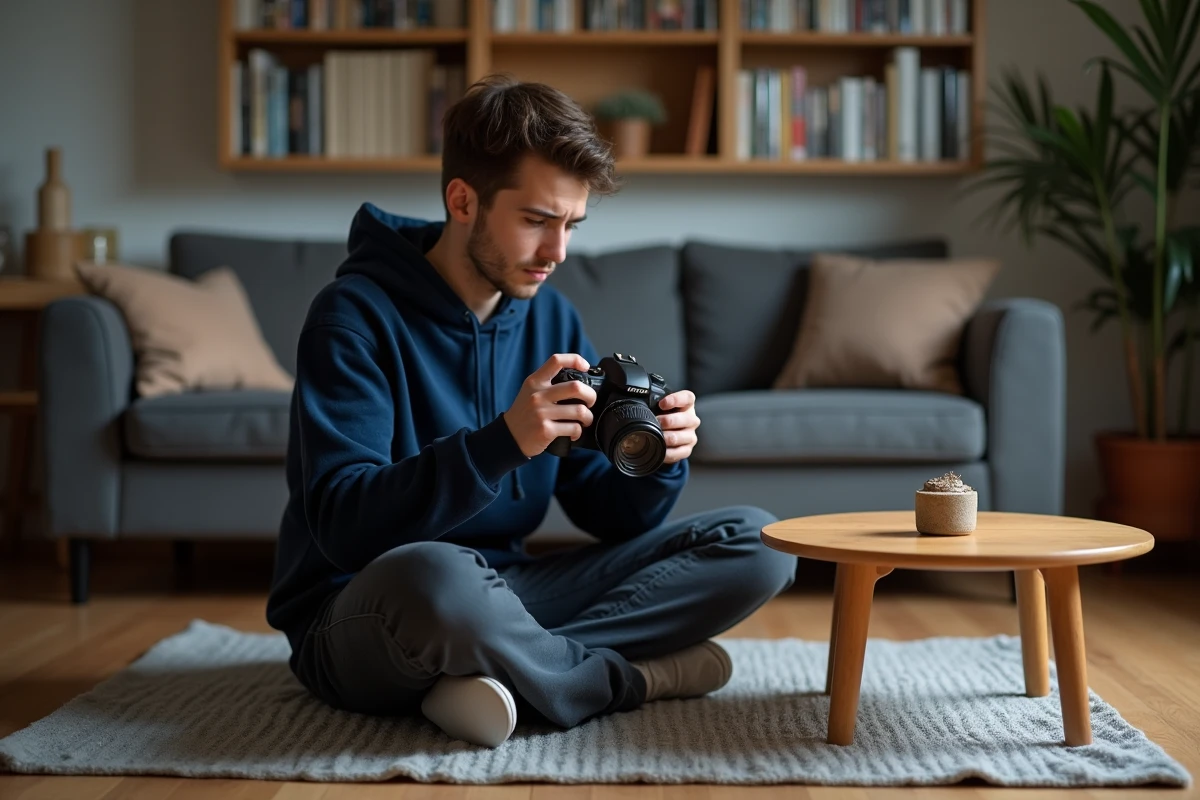 Étudiant débutant en photographie pratiquant seul chez lui, illustrant les erreurs de composition et de réglage typiques des débutants en cours de photo
