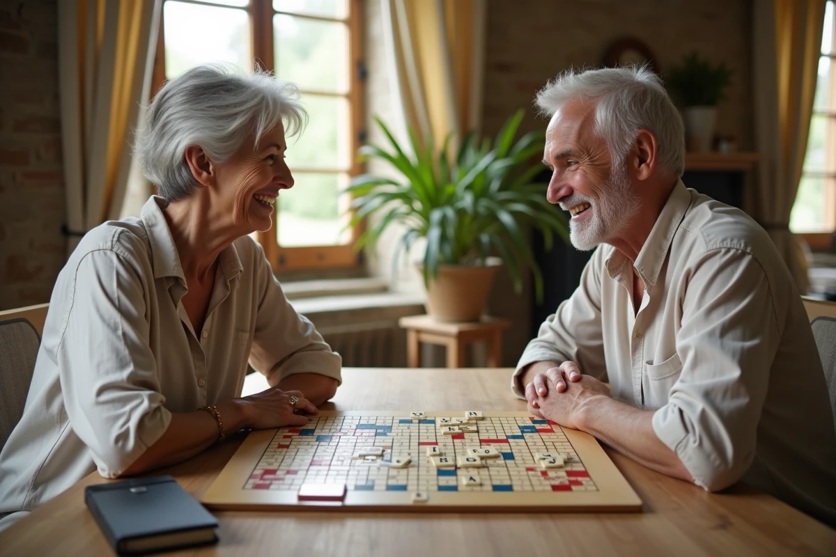 Deux adultes jouant à un jeu de lettres type Scrabble autour d'une table en bois dans une maison de campagne