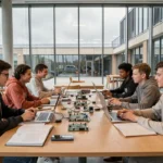 Étudiants en informatique collaborant autour d'ordinateurs portables dans une école numérique des Hauts-de-France
