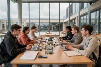 Étudiants en informatique collaborant autour d'ordinateurs portables dans une école numérique des Hauts-de-France