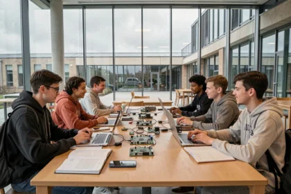 Étudiants en informatique collaborant autour d'ordinateurs portables dans une école numérique des Hauts-de-France