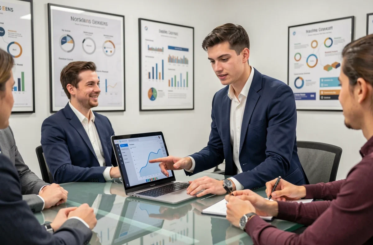 Étudiant d'Efficom Lille présentant un tableau de bord marketing digital dans une salle de conférence moderne