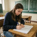Élève concentrée qui écrit une dictée dans un cahier de français en classe, tableau noir avec conjugaisons du deuxième groupe