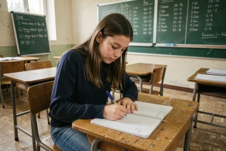 Élève concentrée qui écrit une dictée dans un cahier de français en classe, tableau noir avec conjugaisons du deuxième groupe