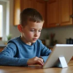 Enfant configurant une tablette Android sur une table de cuisine pour accéder à l'ENT scolaire