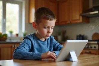 Enfant configurant une tablette Android sur une table de cuisine pour accéder à l'ENT scolaire