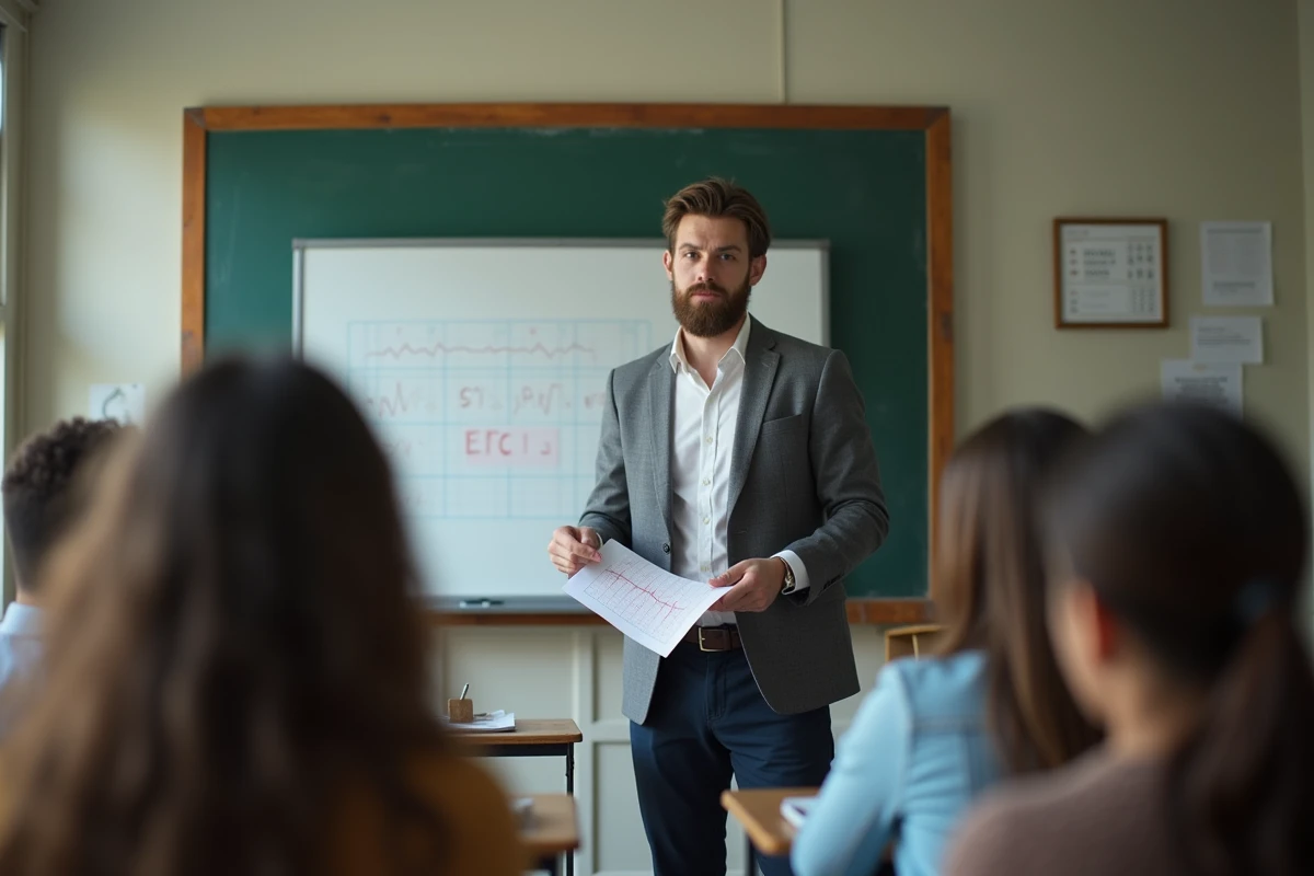 Jeune professeur français explique un graphique aux élèves