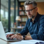 Professeur homme regardant son ordinateur dans un bureau moderne