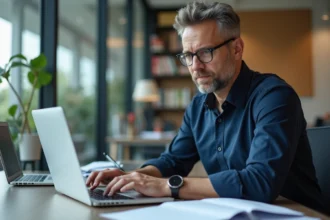 Professeur homme regardant son ordinateur dans un bureau moderne