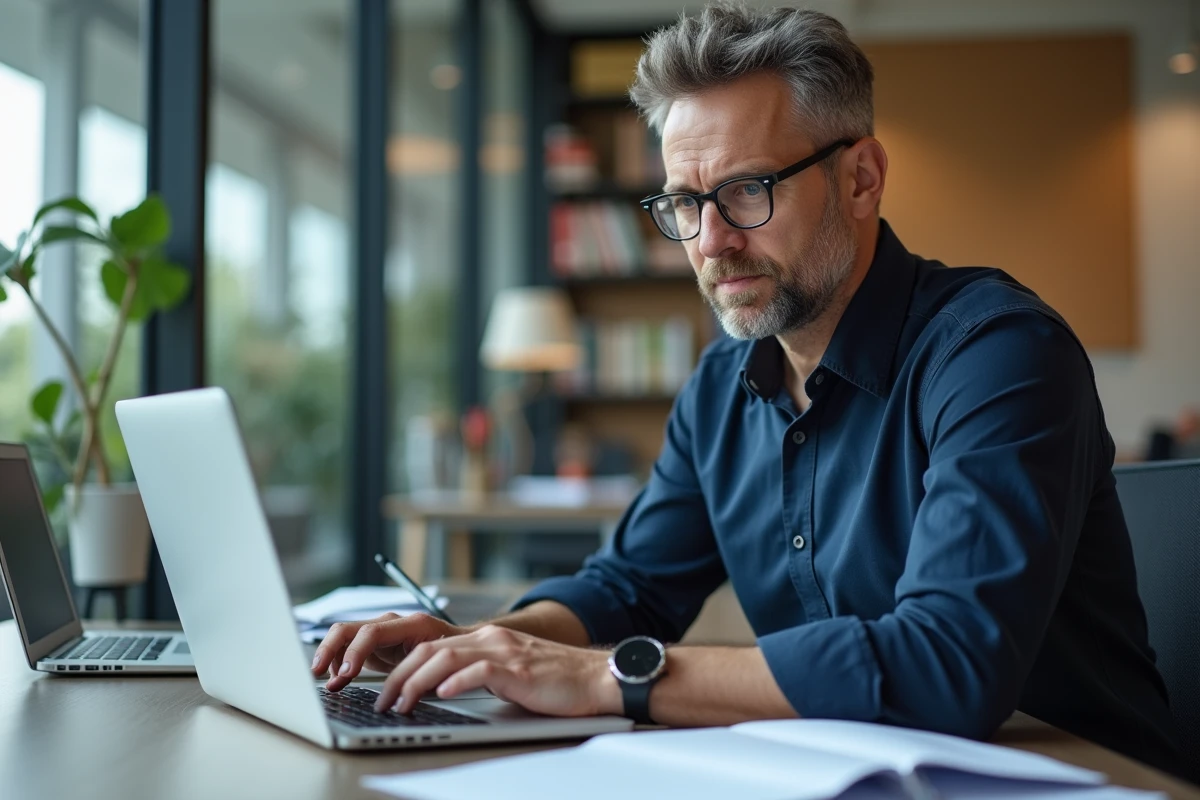 Professeur homme regardant son ordinateur dans un bureau moderne