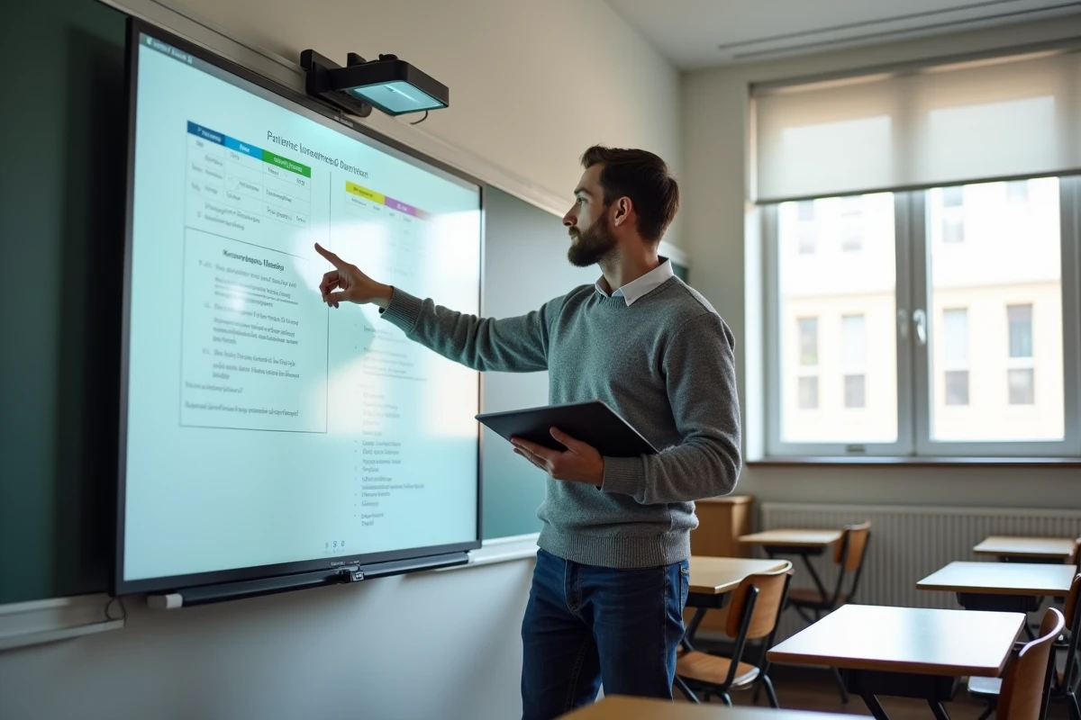Enseignant masculin préparant une séquence de cours devant un tableau interactif dans une salle de classe moderne