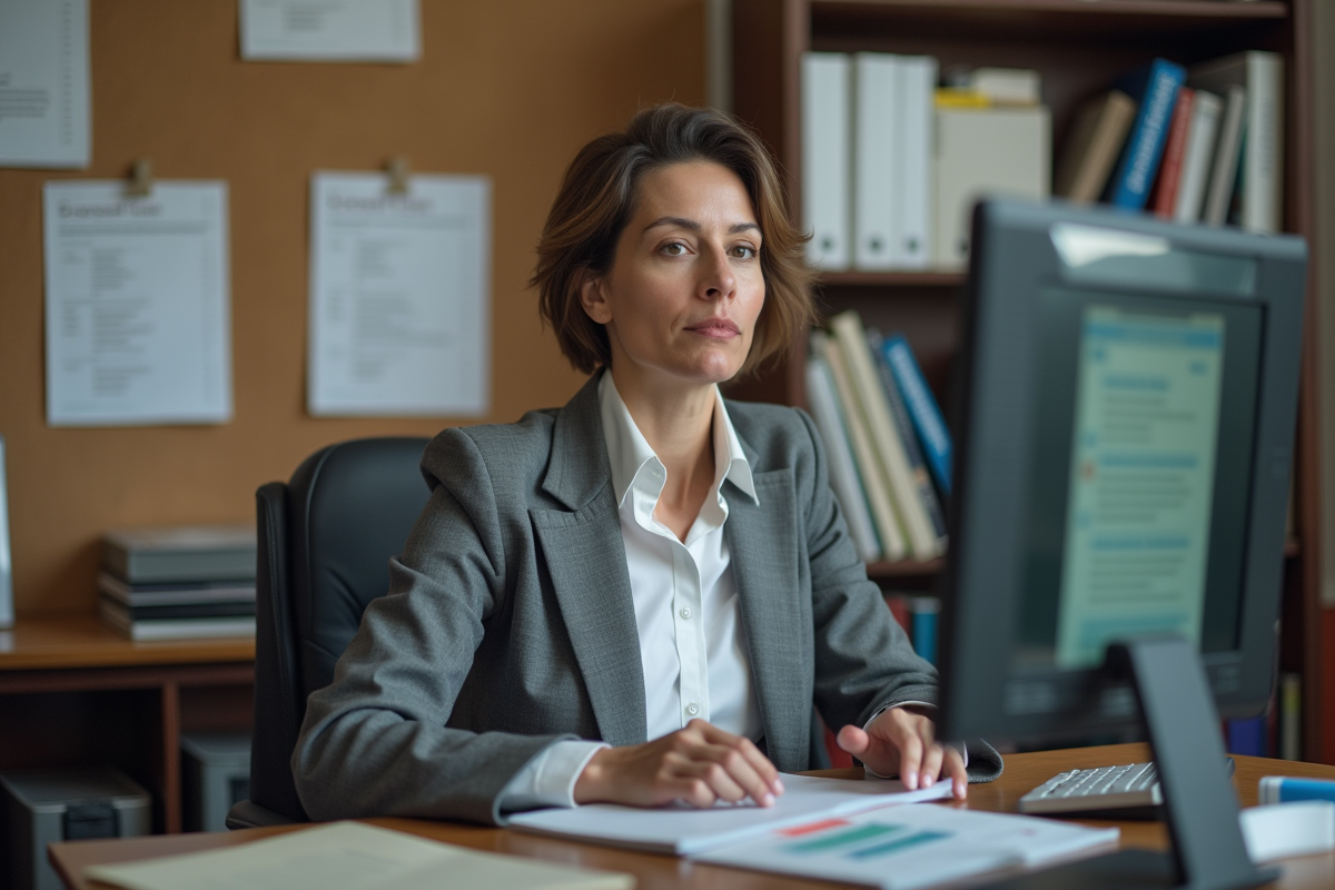 Enseignante en bureau à Cherbourg utilisant un ordinateur