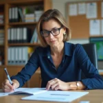 Enseignante consulte ses documents d'avancement de carrière sur IProf académie de Montpellier dans un bureau scolaire