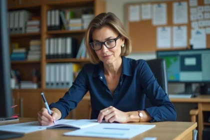Enseignante consulte ses documents d'avancement de carrière sur IProf académie de Montpellier dans un bureau scolaire