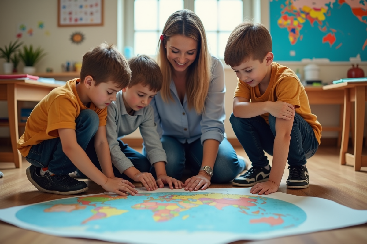 Enseignante aidant des enfants à explorer une carte en classe