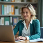 Enseignante au bureau moderne utilisant son ordinateur