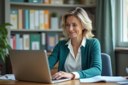 Enseignante au bureau moderne utilisant son ordinateur