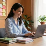Enseignante utilisant la plateforme professeur-o.fr sur son ordinateur portable dans une salle des professeurs moderne