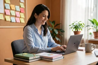 Enseignante utilisant la plateforme professeur-o.fr sur son ordinateur portable dans une salle des professeurs moderne