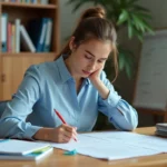 Enseignante annotant ses séquences pédagogiques sur des documents imprimés dans une salle des professeurs