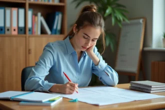 Enseignante annotant ses séquences pédagogiques sur des documents imprimés dans une salle des professeurs