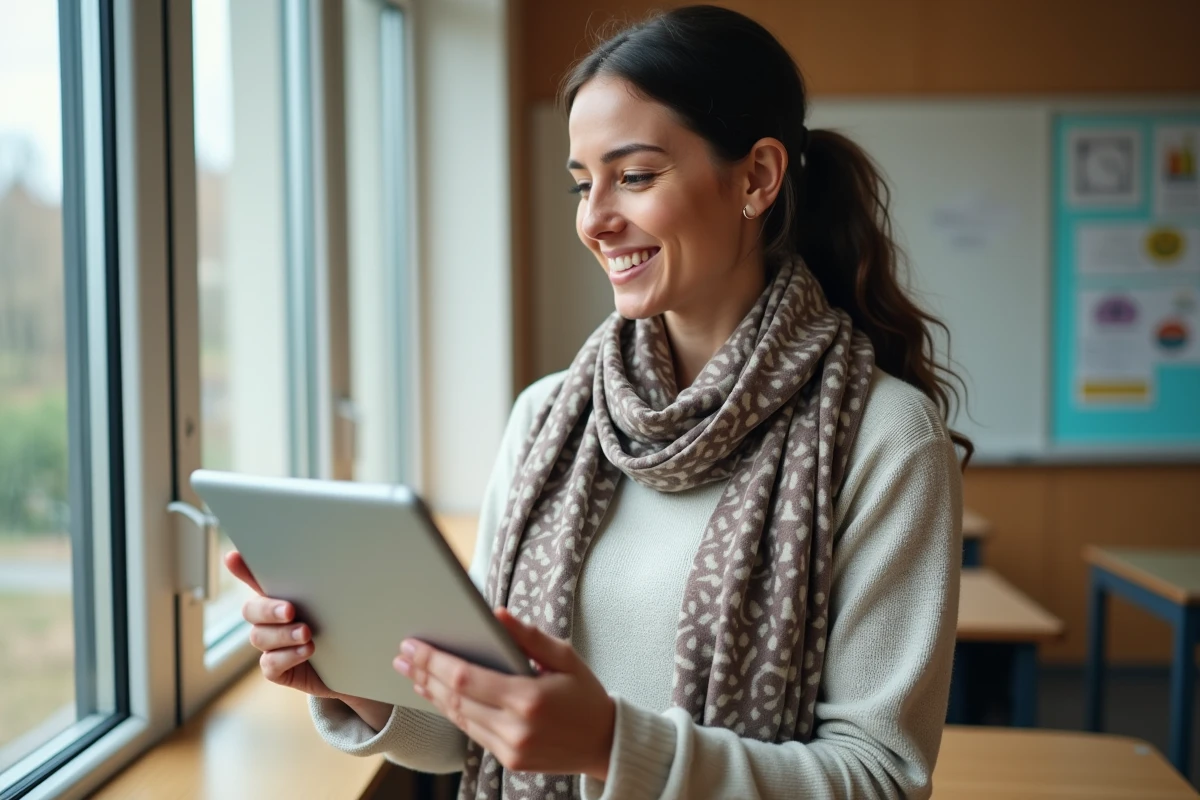 Professeure femme utilisant une tablette dans une classe chaleureuse