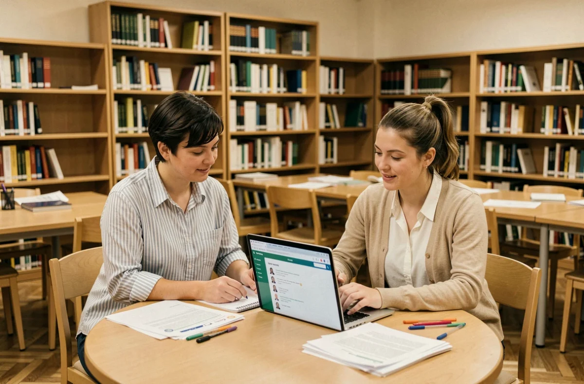 Deux enseignantes collaborant autour de ressources pédagogiques en ligne dans une bibliothèque scolaire