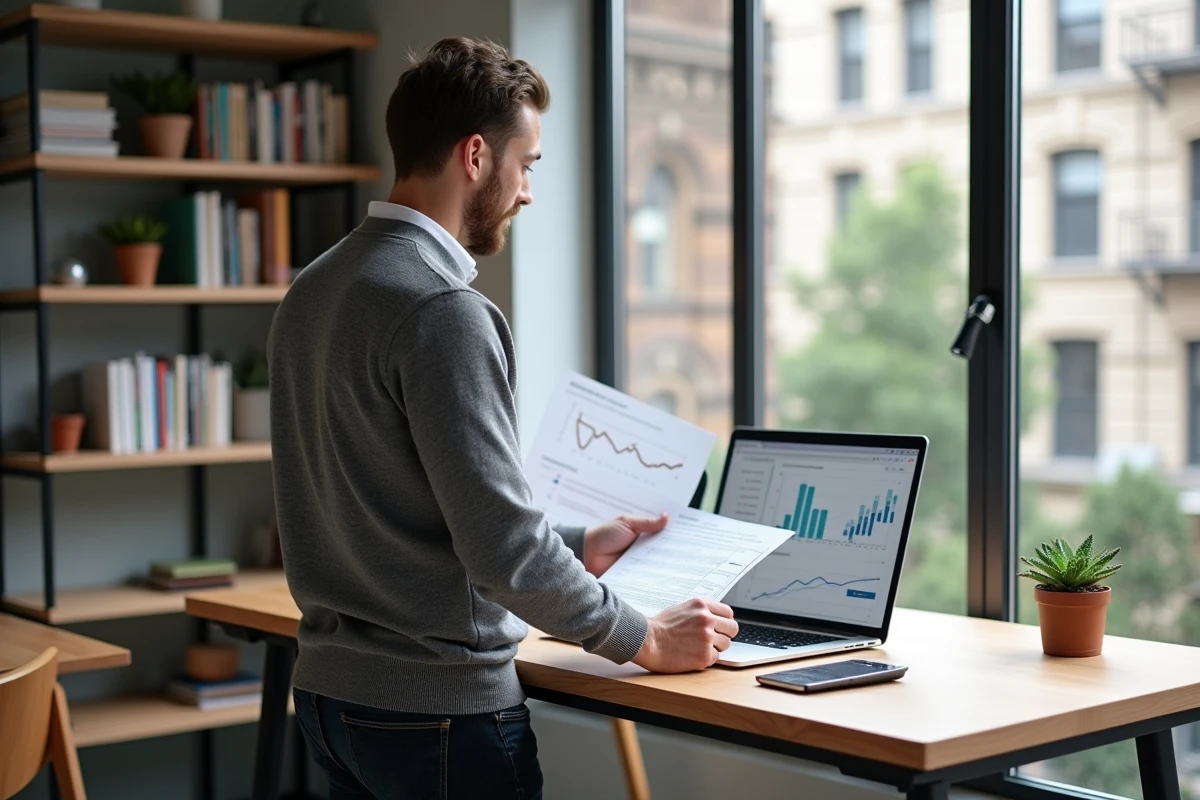 Entrepreneur analysant des statistiques de campagne emailing depuis son bureau à domicile