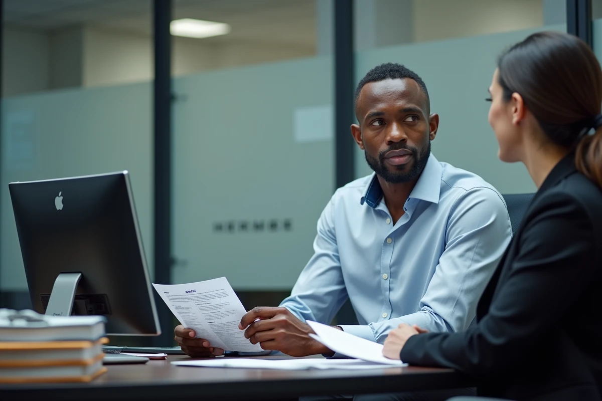 Homme en entretien de naturalisation face à un agent administratif dans une préfecture française