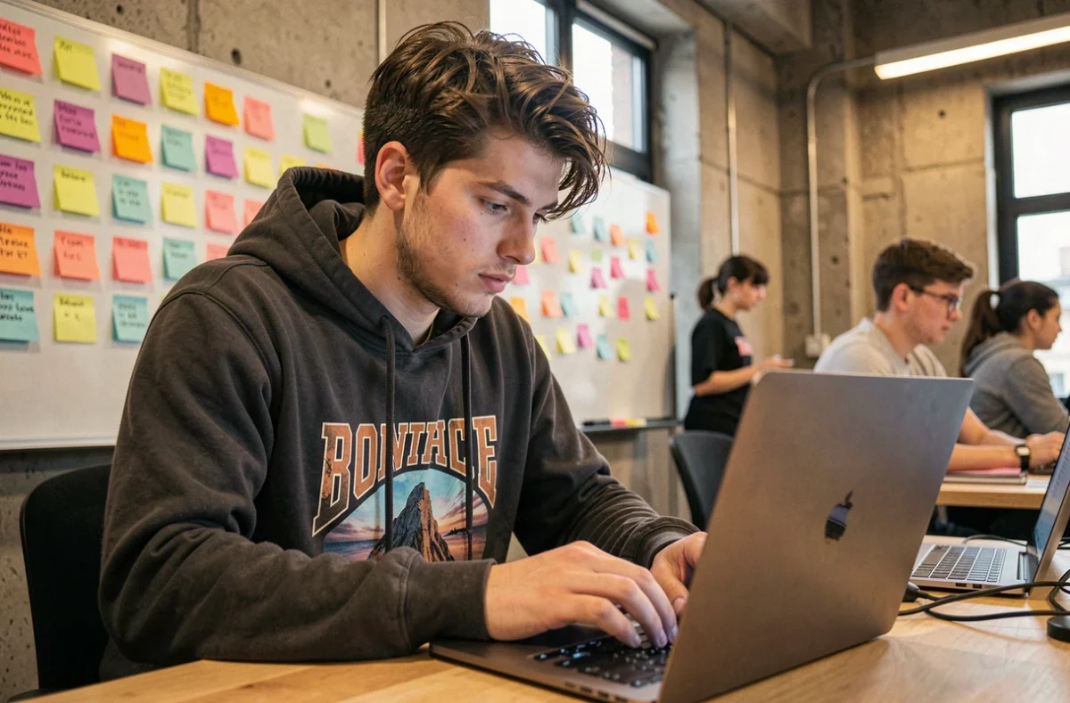 Étudiant d'Epitech Lille codant sur ordinateur dans un espace de travail créatif et moderne