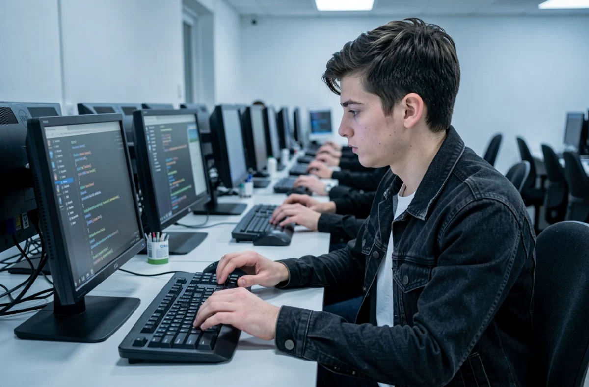 Étudiant de l'EPSI Lille en train de déboguer du code sur un poste informatique dans une salle de TP