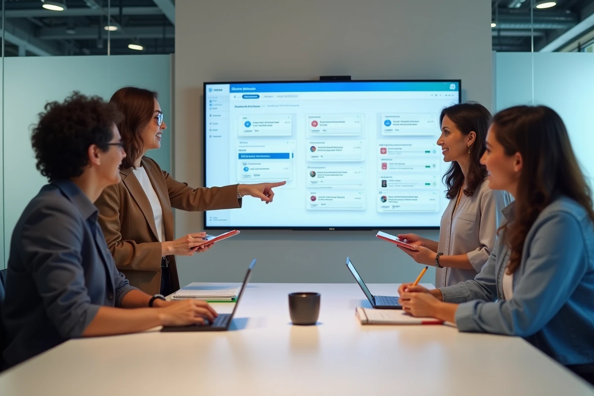 Équipe marketing collaborant sur une stratégie de conversion de leads par email automation en salle de réunion