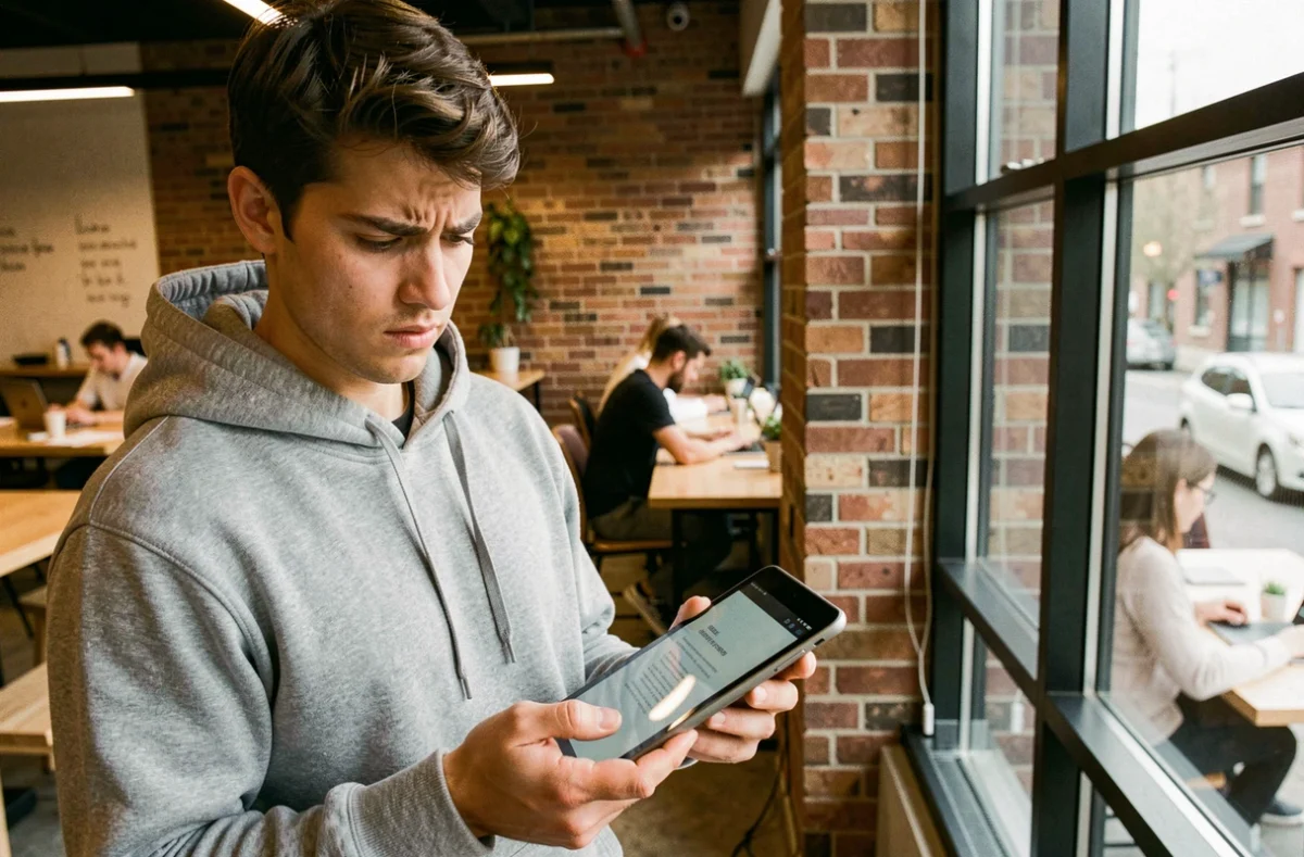 Jeune professionnel lisant un message d'erreur lors de sa première tentative de connexion à PSB Extranet sur une tablette