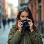 Jeune femme débutante en photographie tenant un appareil photo mal orienté dans une rue urbaine, illustrant une erreur courante en cours de photo