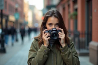 Jeune femme débutante en photographie tenant un appareil photo mal orienté dans une rue urbaine, illustrant une erreur courante en cours de photo