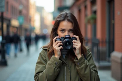 Jeune femme débutante en photographie tenant un appareil photo mal orienté dans une rue urbaine, illustrant une erreur courante en cours de photo