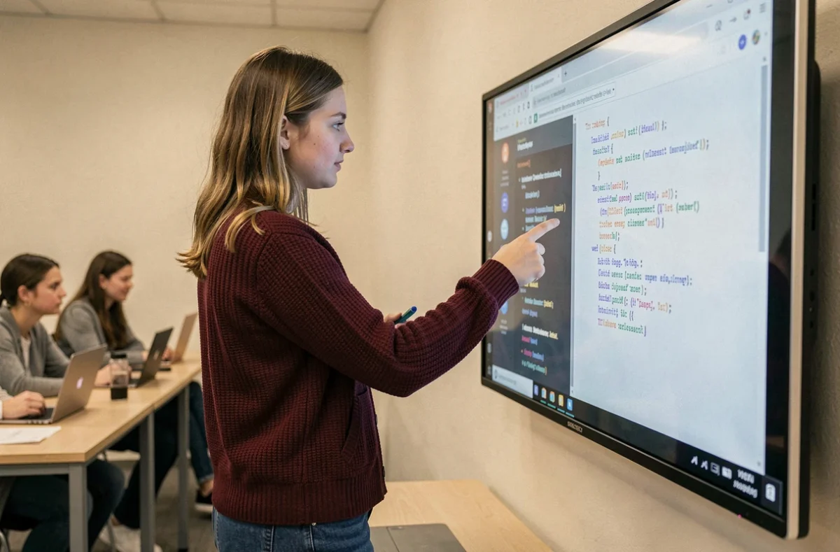Étudiante de l'ESGI Lille présentant un projet de développement web devant ses camarades de classe